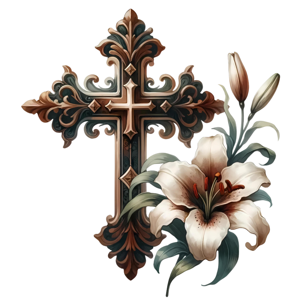 AI generated Cross with lily watercolor clipart for Easter png