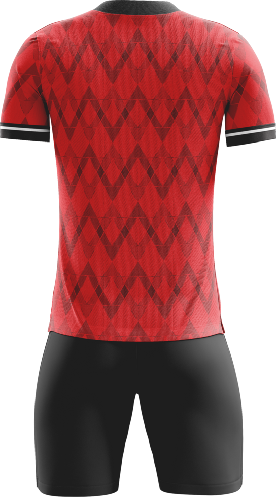 a soccer jersey with black shorts and red and white checkered pattern back view png