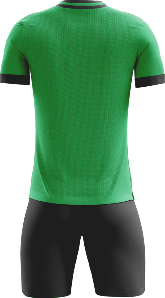 a green soccer jersey with black shorts back view png