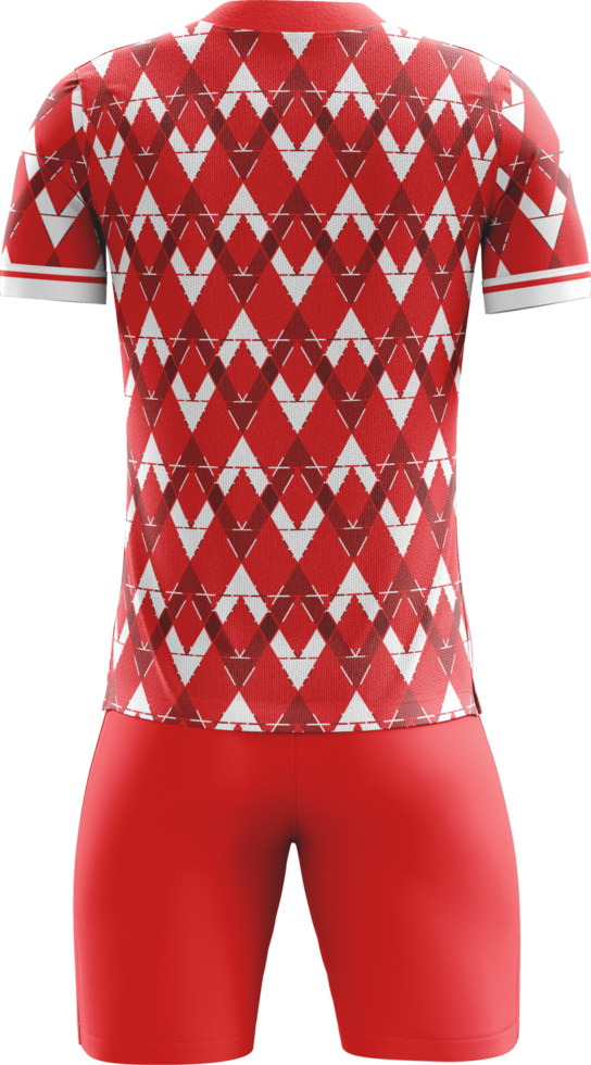 a soccer uniform with red and white geometric patterns back view png