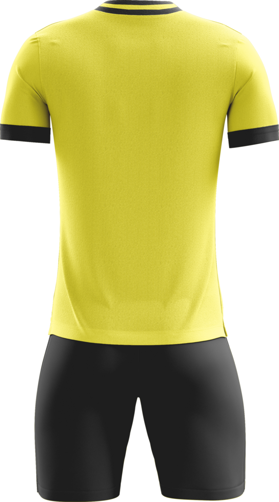 a yellow soccer jersey with black shorts back view png