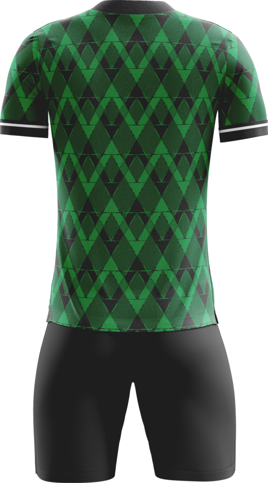 a soccer uniform with green and black patterns back view png