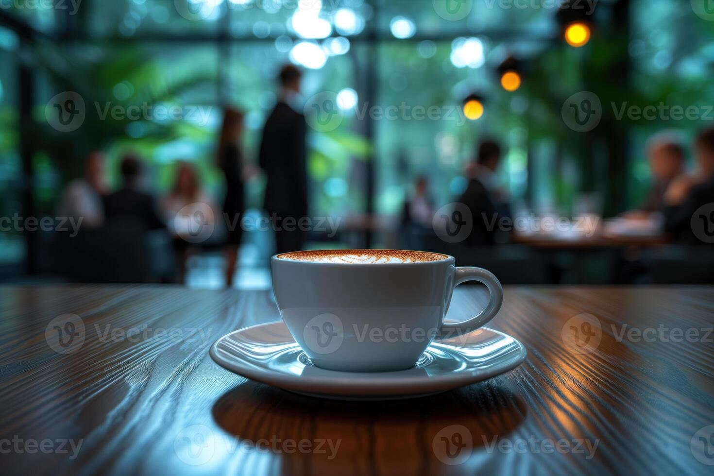 ai generado negocio personas en pie alrededor un mesa con café foto