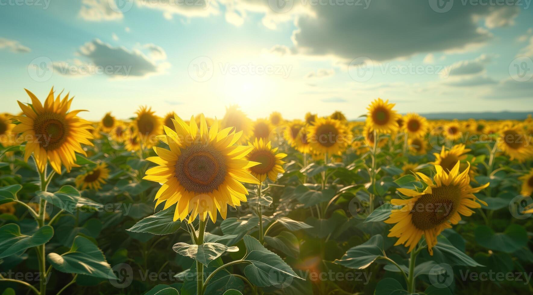 AI generated Golden sunflower on field and blue sky stock photo