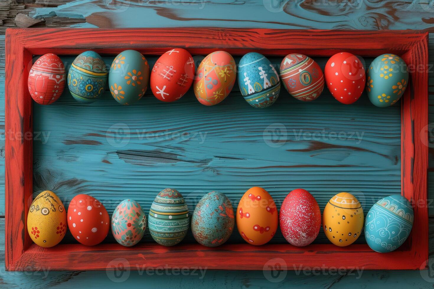 AI generated Colorful wooden easter eggs make up a frame photo