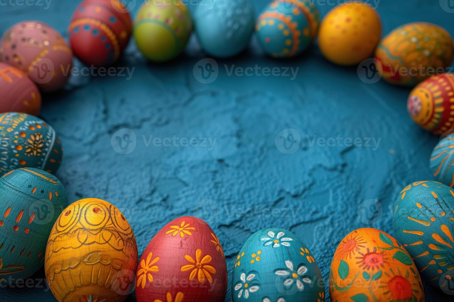 AI generated Colorful wooden easter eggs make up a frame photo