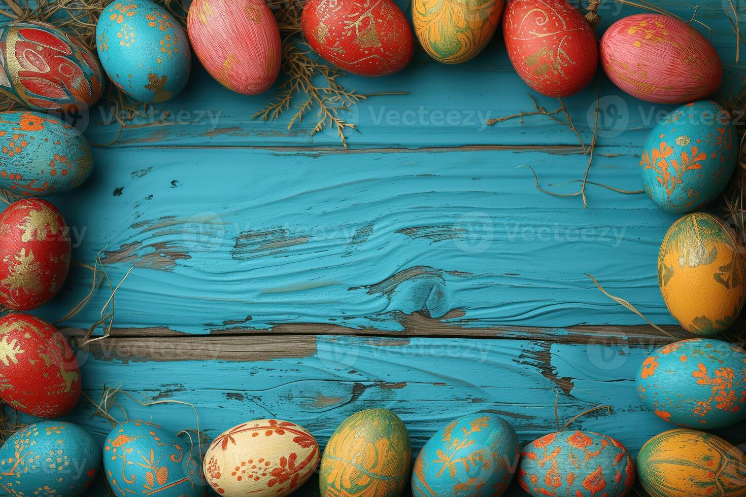 AI generated Colorful wooden easter eggs make up a frame photo