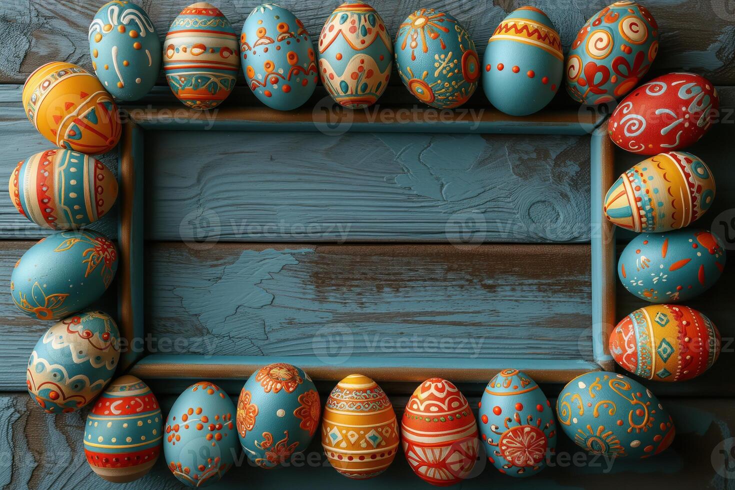 AI generated Colorful wooden easter eggs make up a frame photo