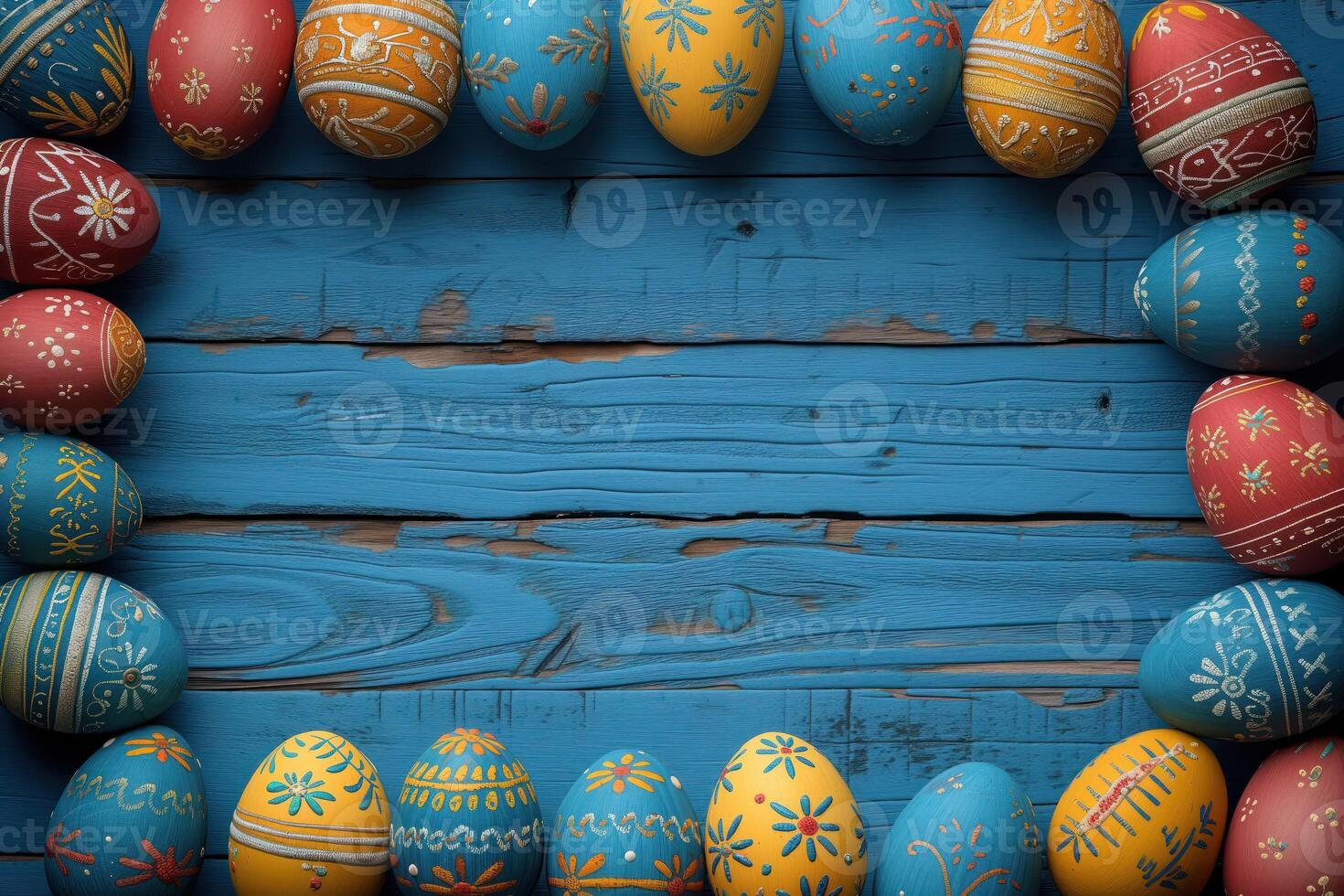AI generated Colorful wooden easter eggs make up a frame photo