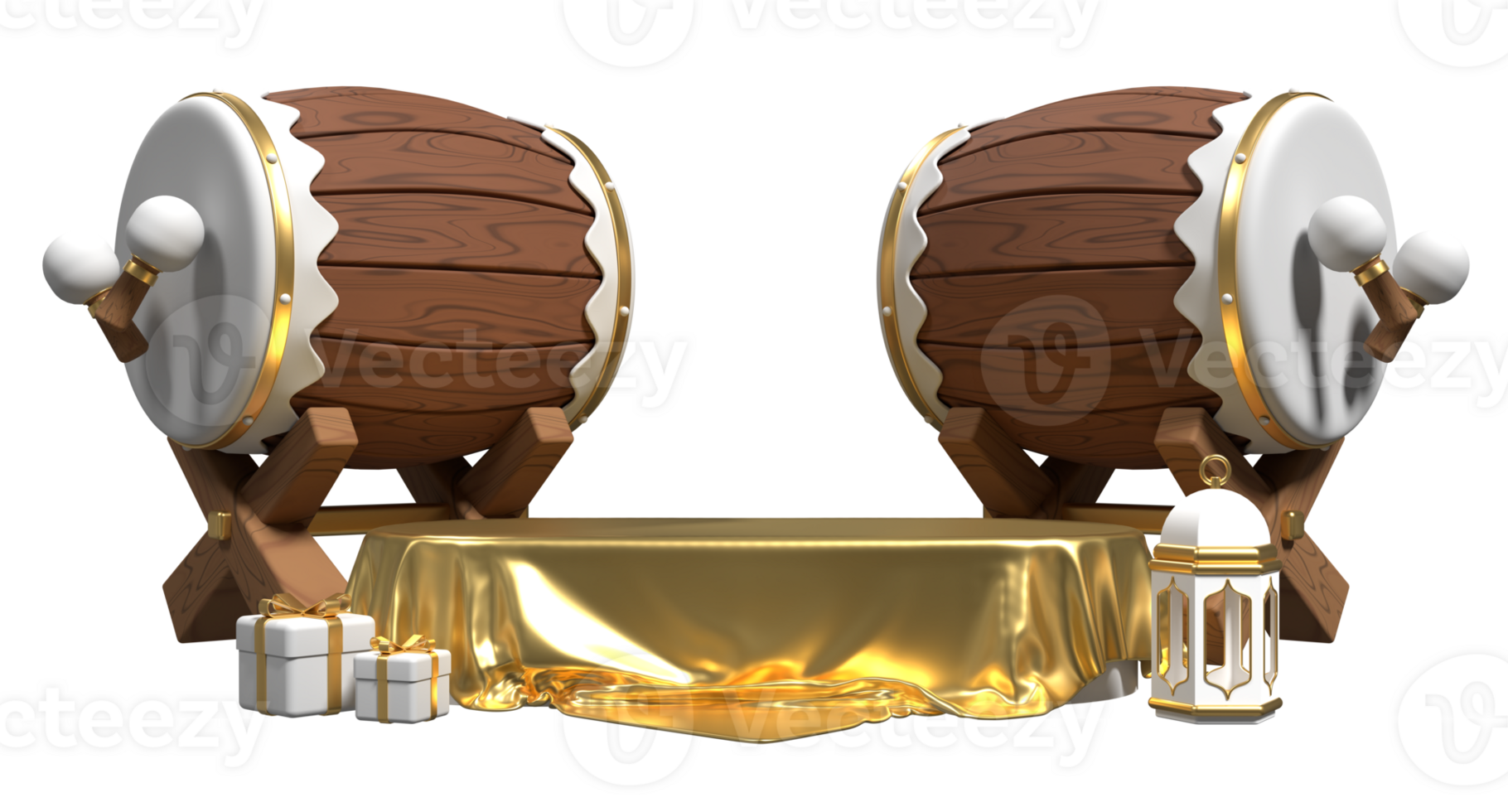 3D illustration of ramadan kareem with empty podium, traditional drum, arabic lantern, and gift box. 3D rendering png