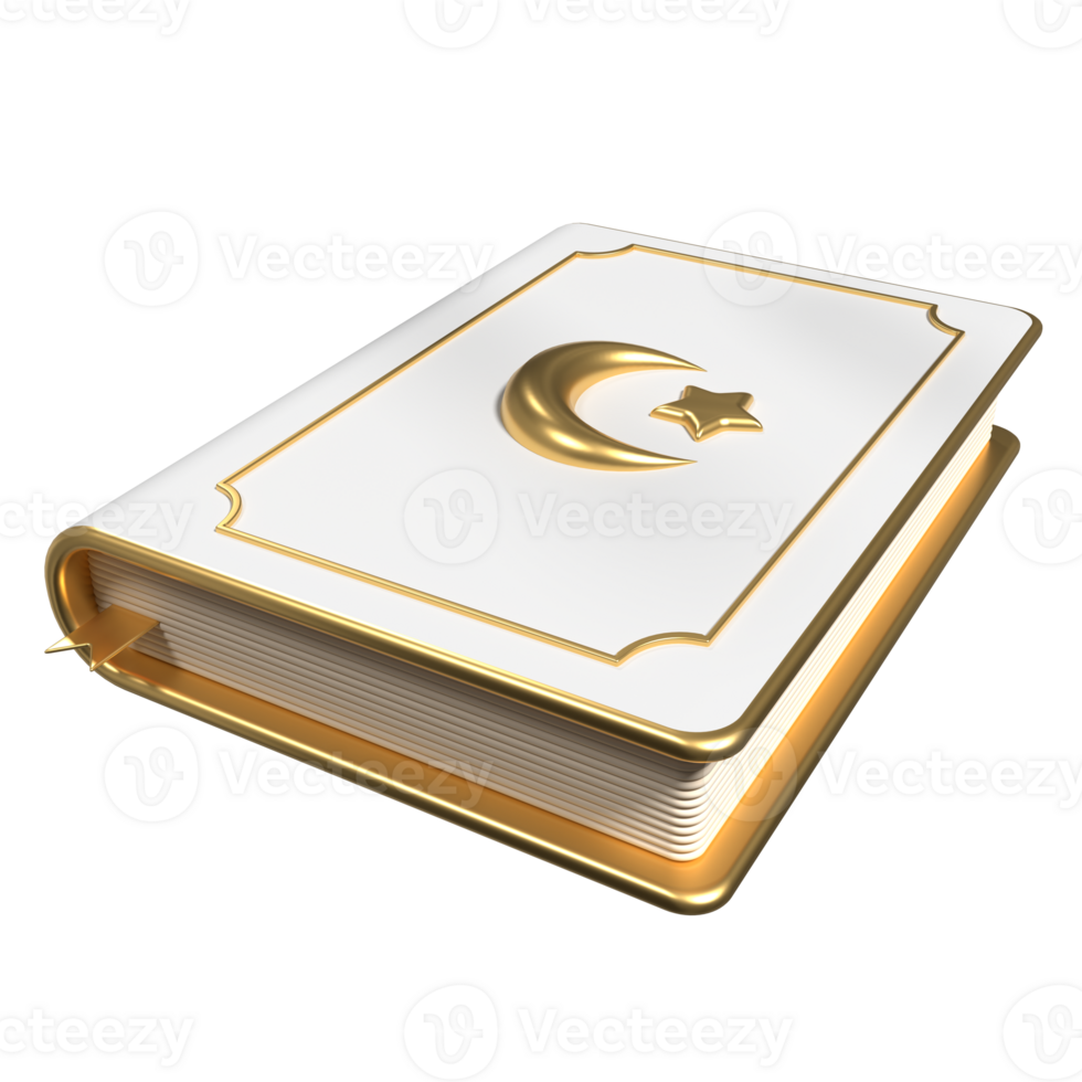 Islamic golden holy quran book icon. Golden holy quran ramadan icon. 3D rendering holy quran isolated. Quran 3d icon illustration png