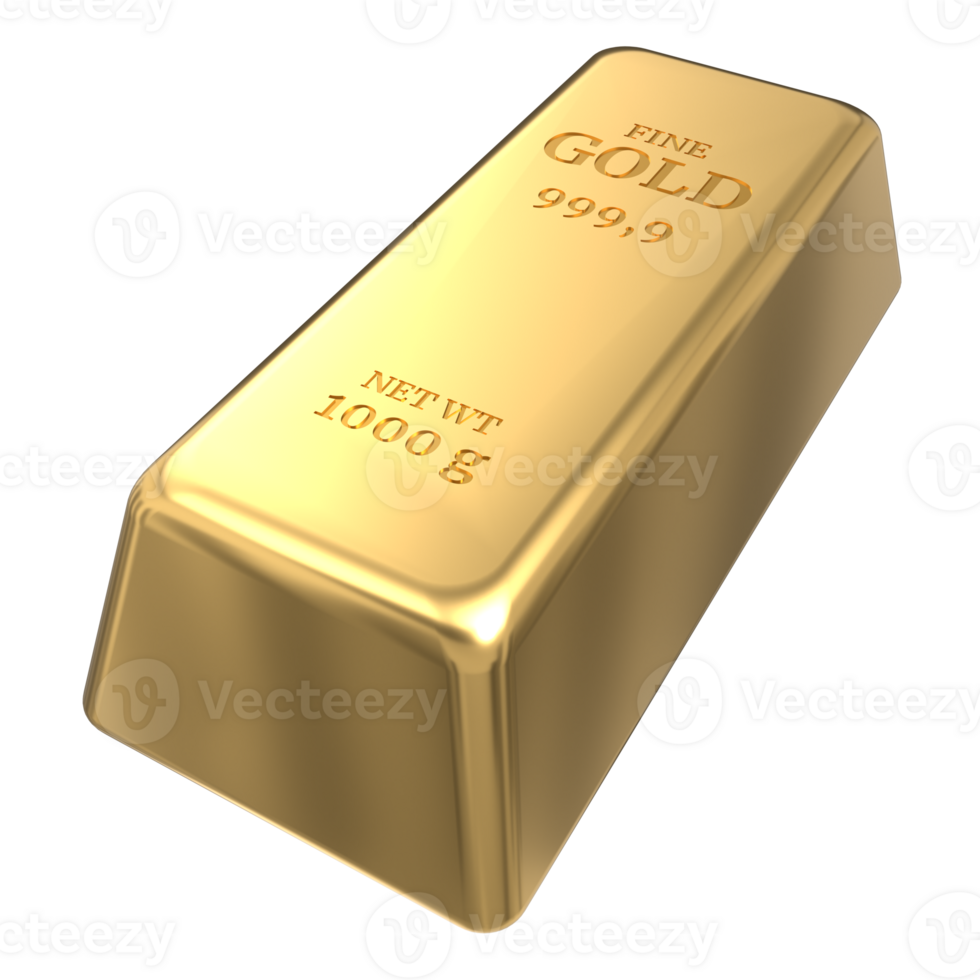 Gold bar. 1kg gold bullion. Shiny gold bar. 3D rendering illustration of gold bar. Business financial banking concept png