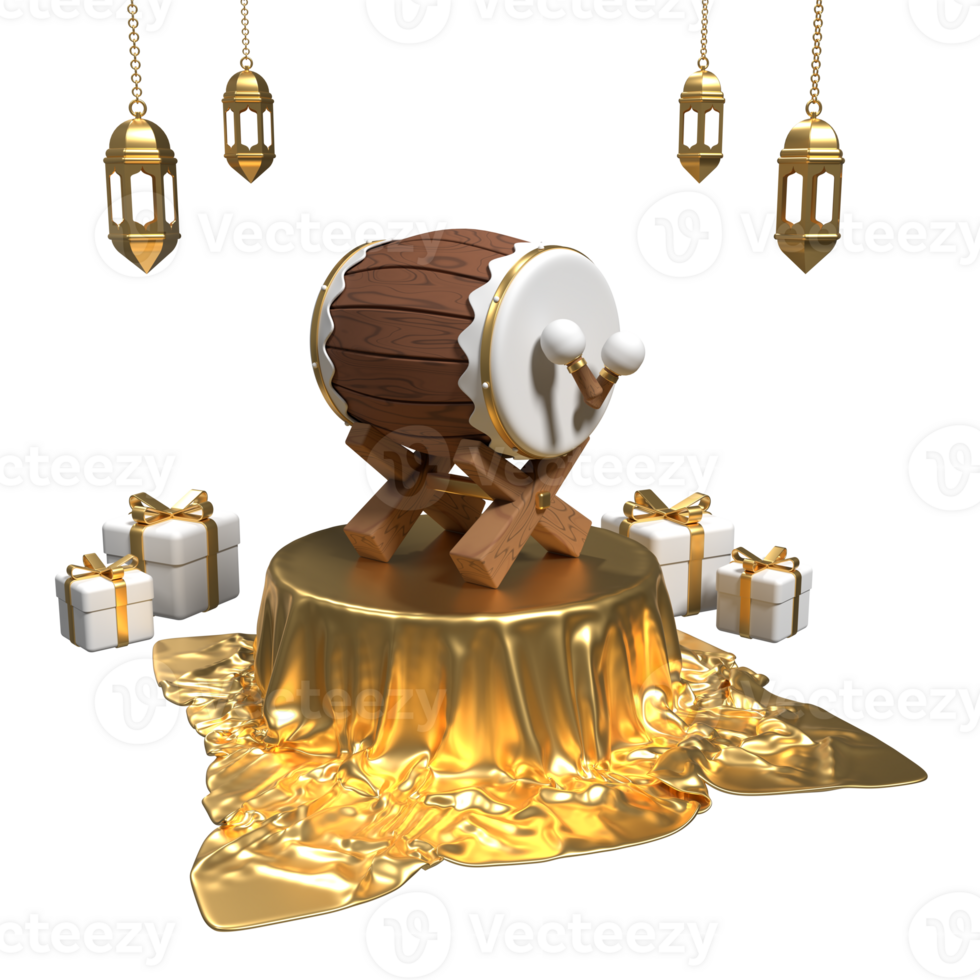 Islamic ramadan with podium, traditional drum, arabic lanterns, and gift boxes. Islamic drum on the podium. 3D rendering png