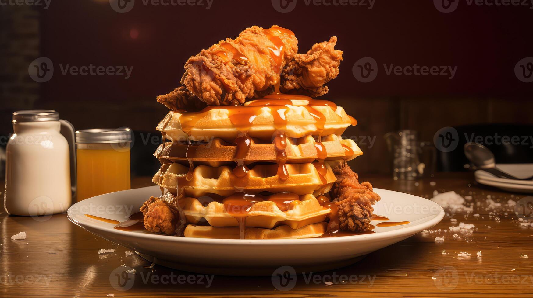 AI generated waffles with caramel sauce on a wooden table in a restaurant. photo