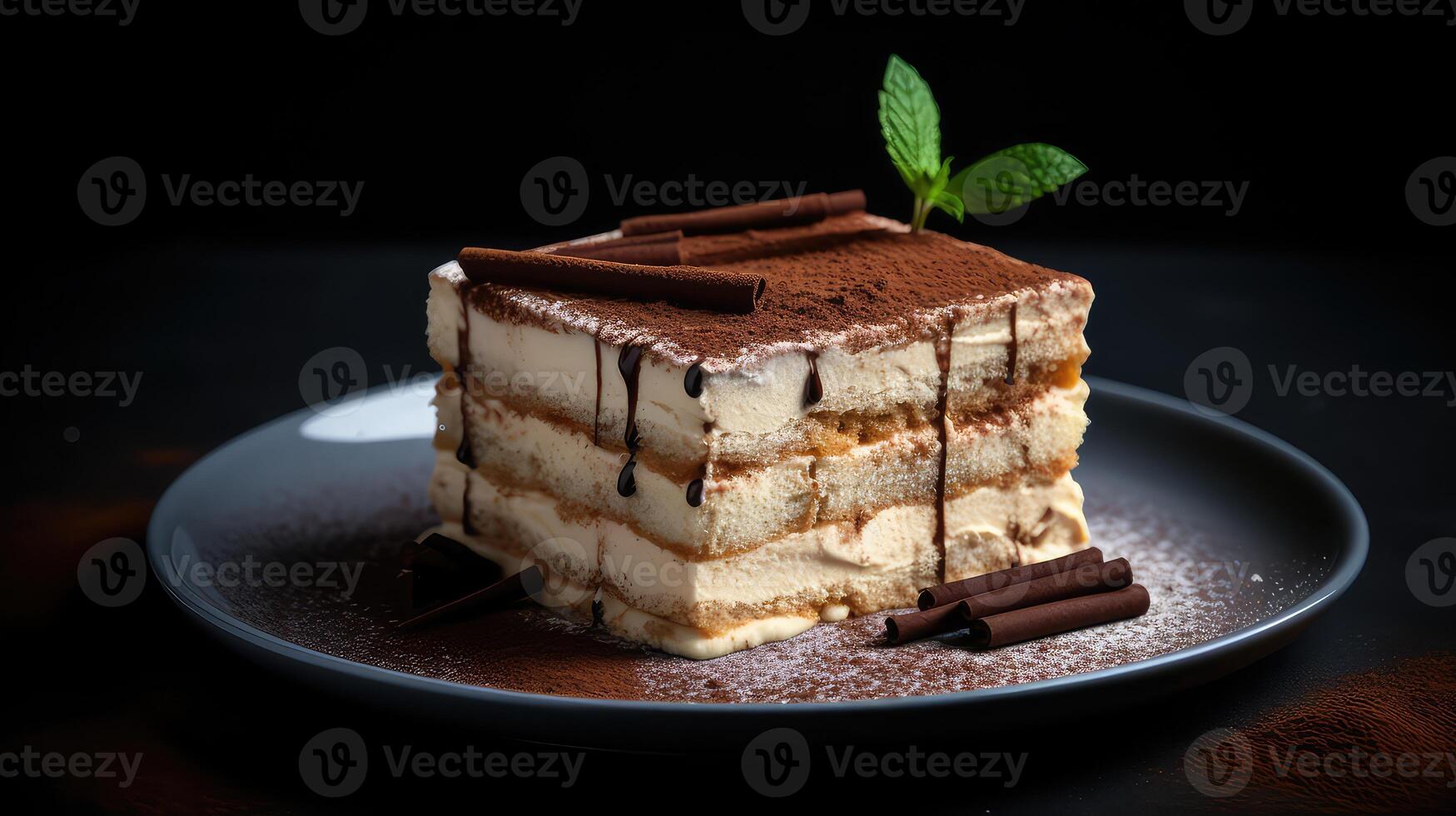AI generated Tiramisu cake with chocolate and cocoa powder on dark background photo