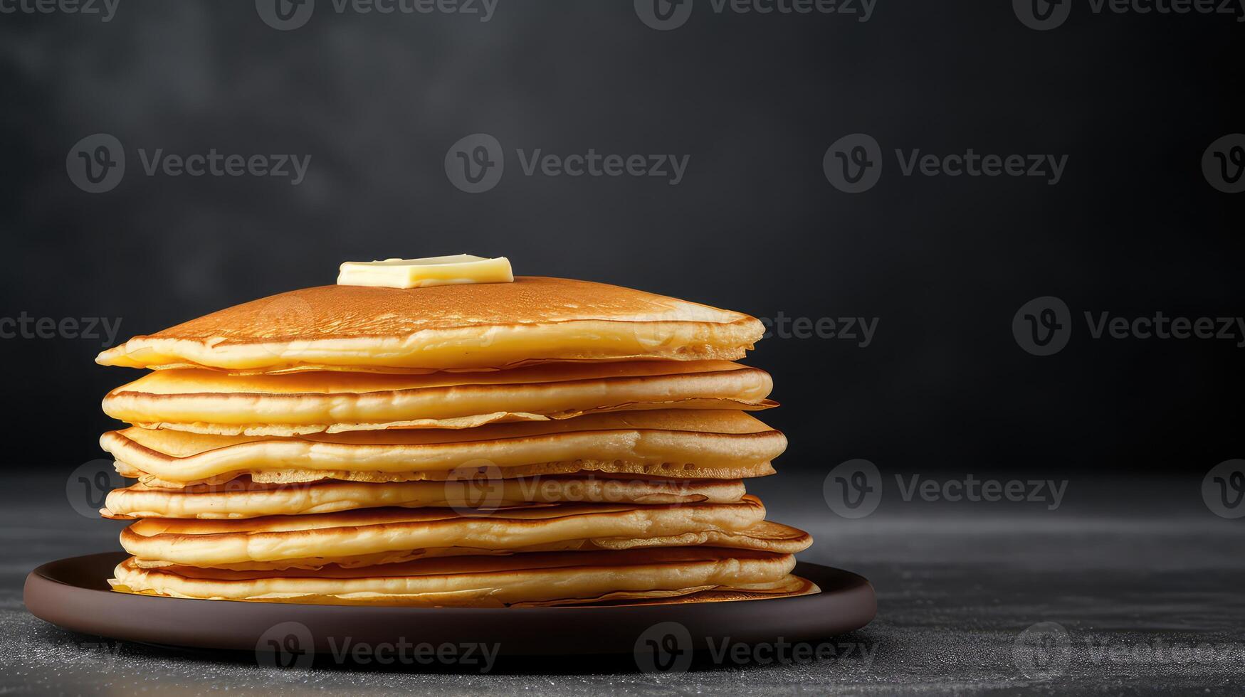 AI generated Stack of tasty pancakes with butter on grey wooden table, closeup photo