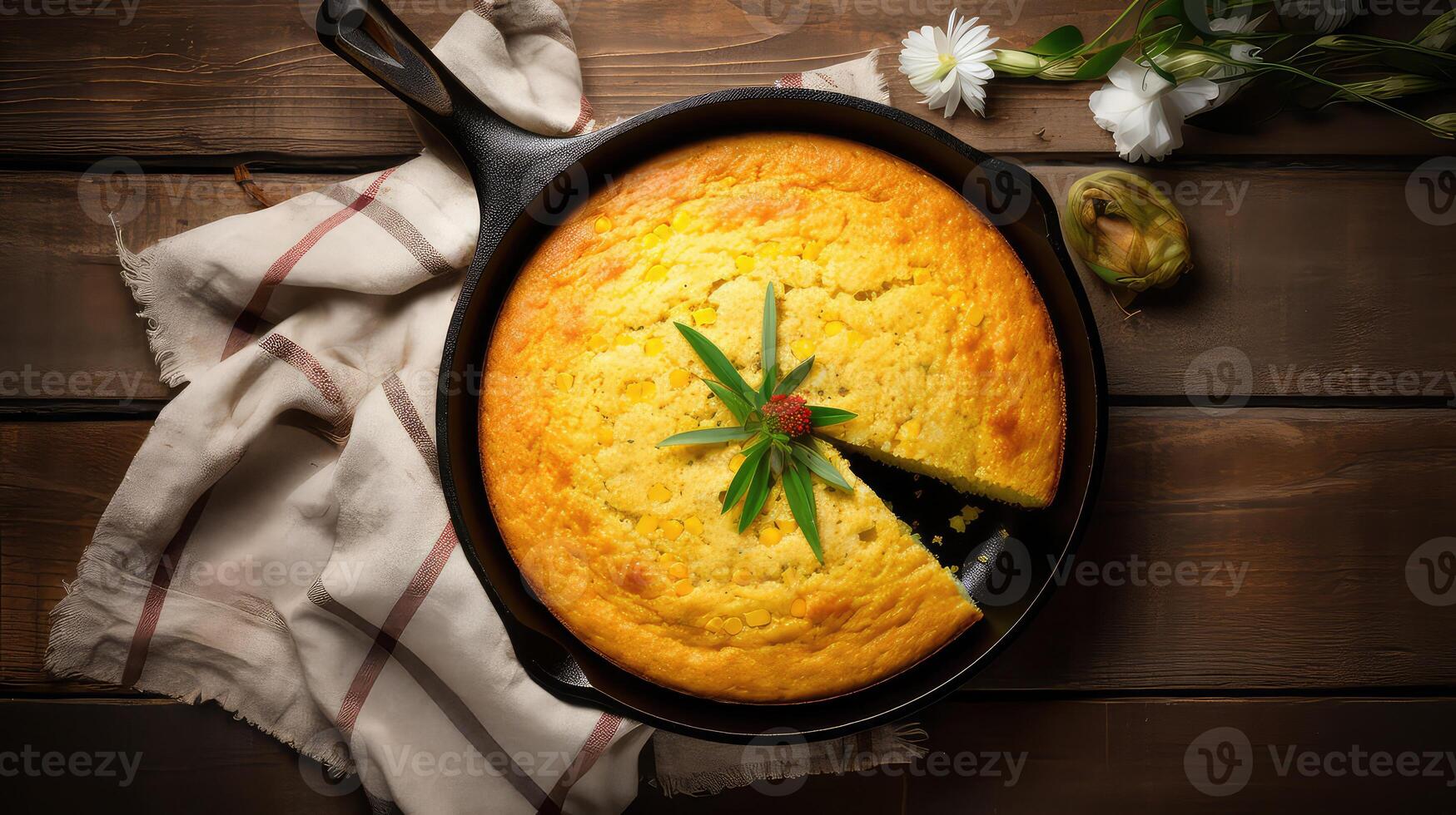 AI generated Cornbread in a cast-iron pan on a wooden background. photo