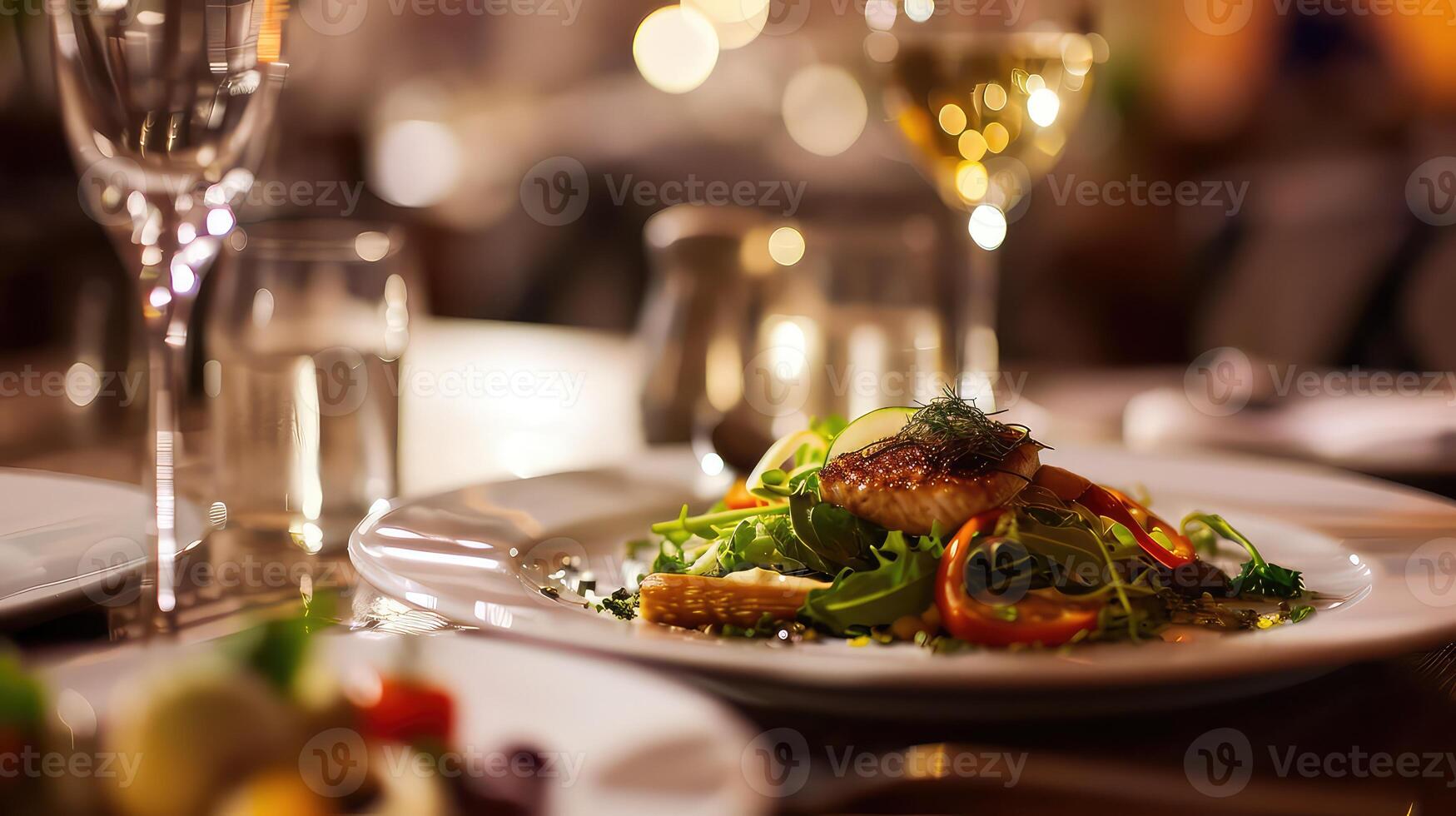 AI generated Restaurant menu. Salad with grilled salmon, arugula, spinach and parmesan cheese photo