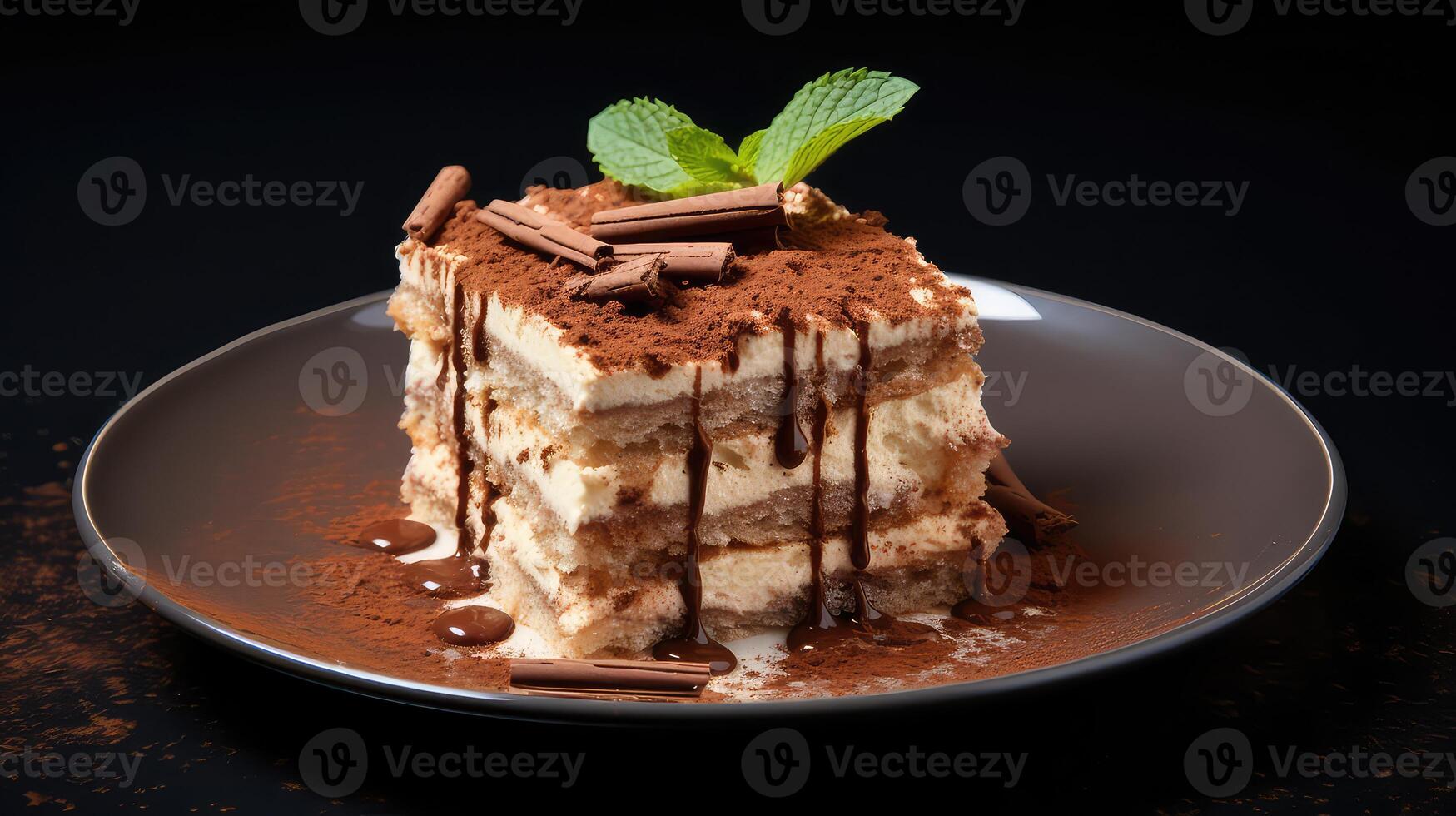 AI generated tiramisu cake with chocolate and mint on a dark background photo