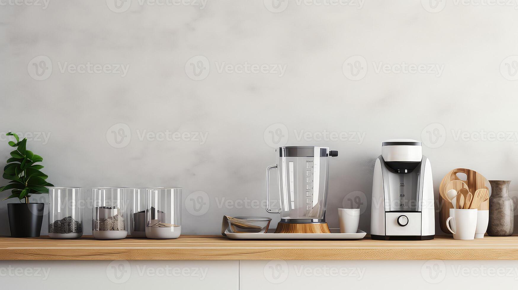 AI generated Kitchen countertop with modern electric blender, coffee cup and other utensils. photo