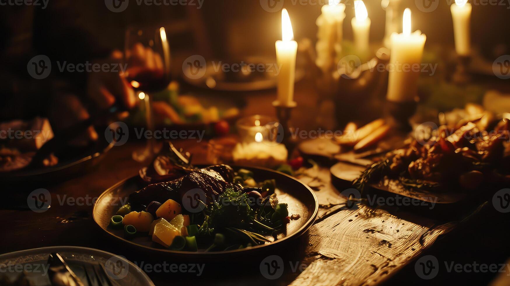 AI generated Table served for Christmas dinner in the dark. Selective focus. photo