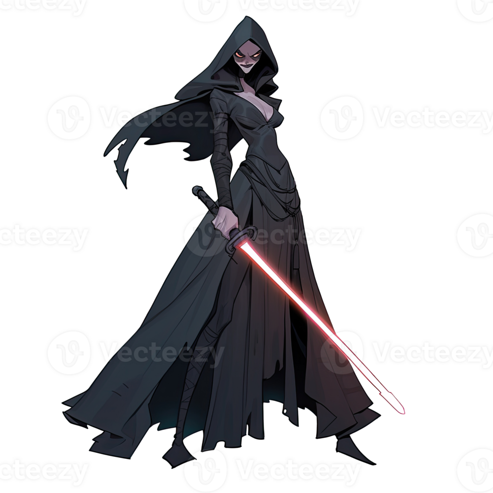 AI generated An illustration of a mysterious woman dressed in black, holding a glowing red weapon png