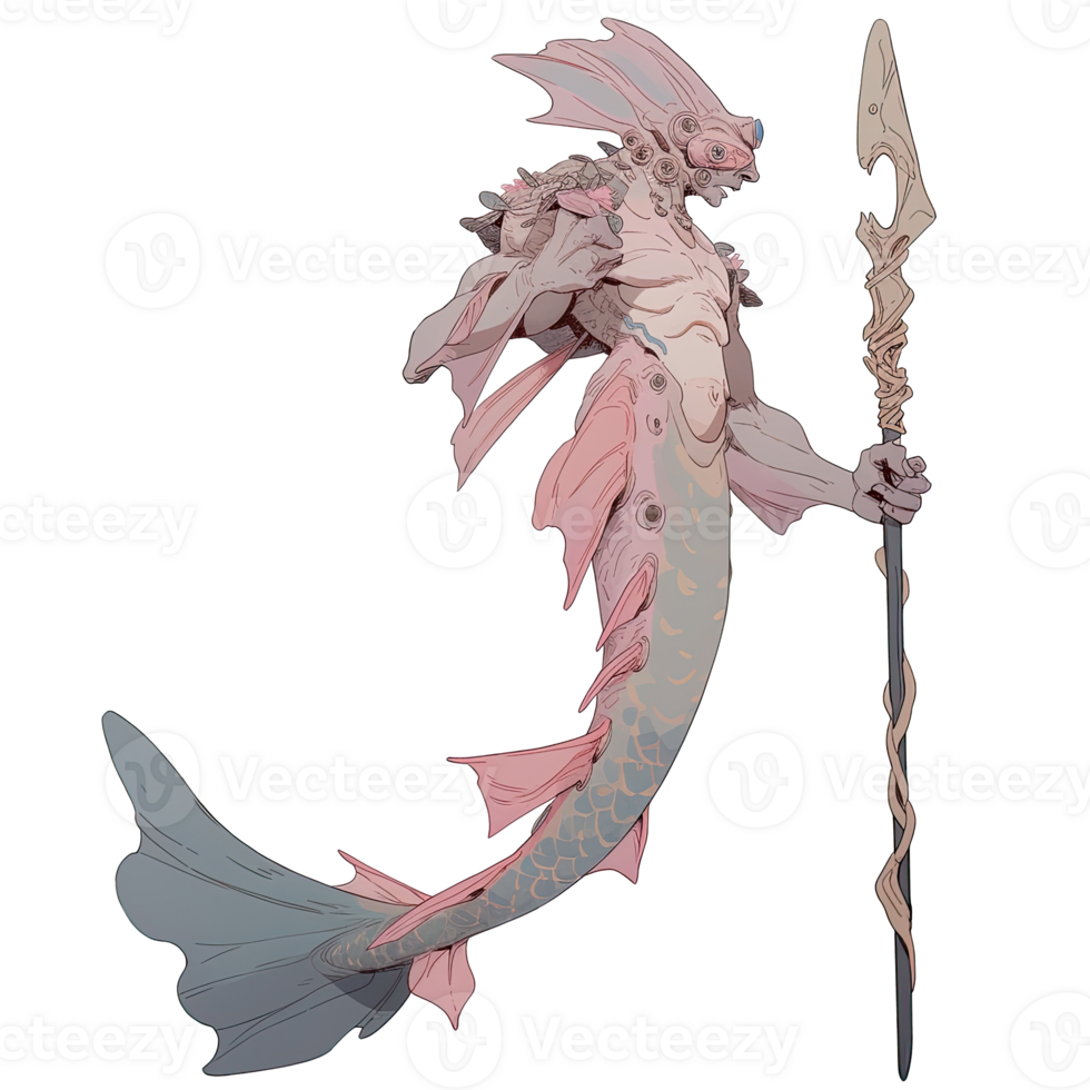 AI generated An illustration of a mysterious creature with a fin tail holding a staff png