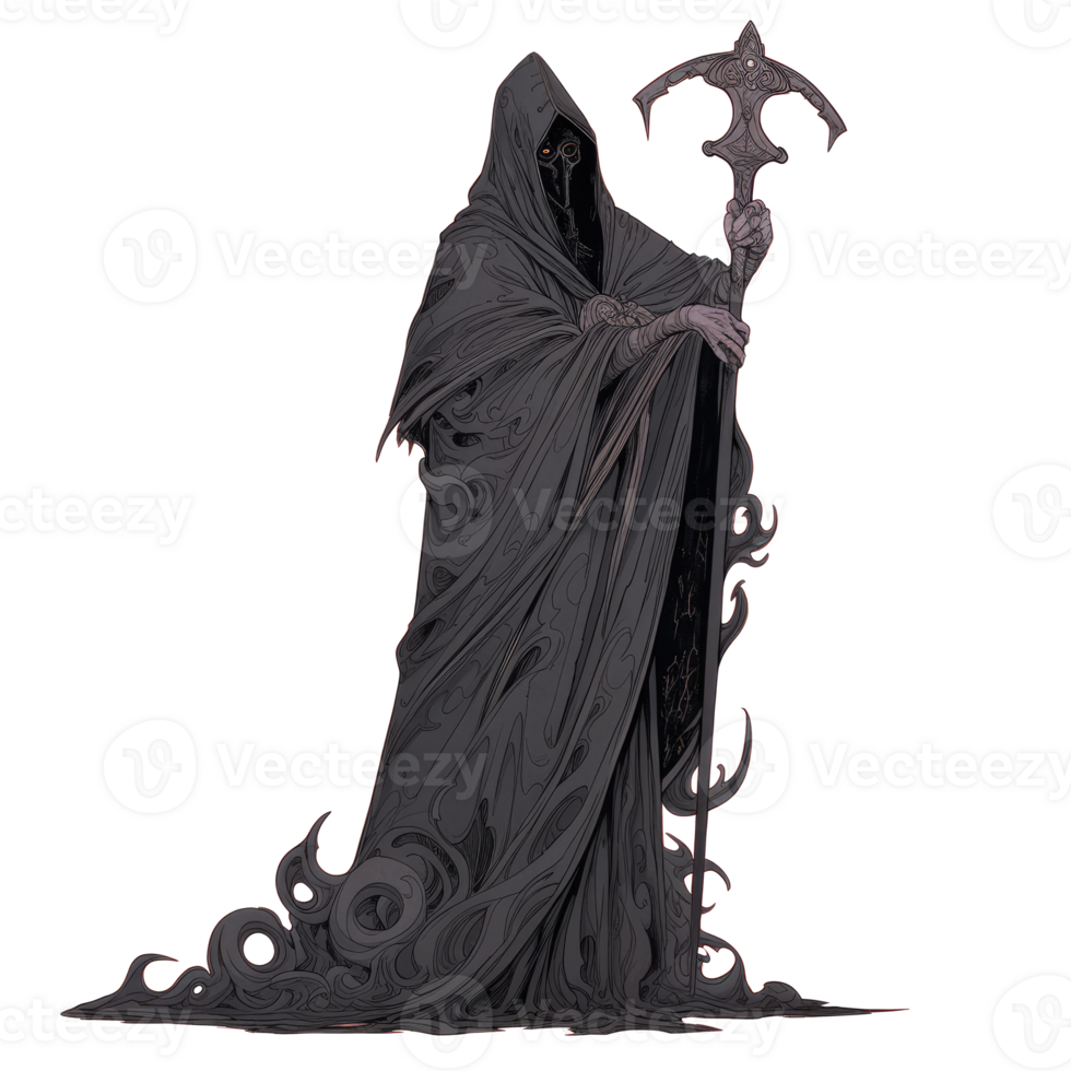 AI generated An illustration of a mysterious figure cloaked in black with sharp weapons png