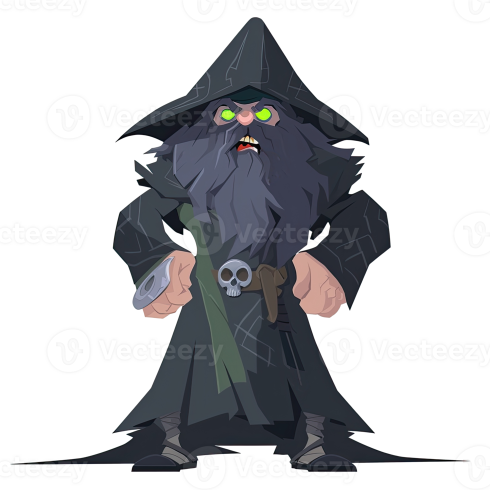 AI generated An illustration of a bearded man dressed as a wizard with glowing green eyes png