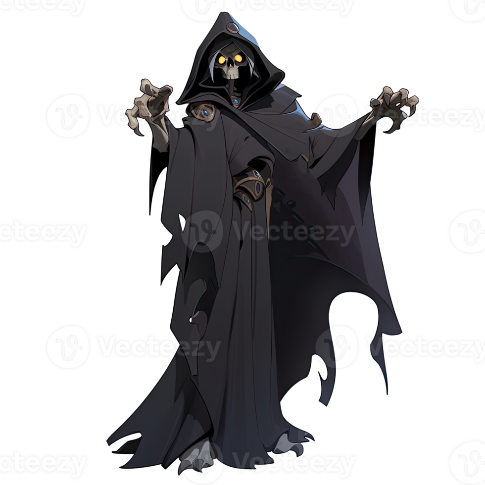 AI generated An illustration of a menacing black-clad ghost with a skull face png
