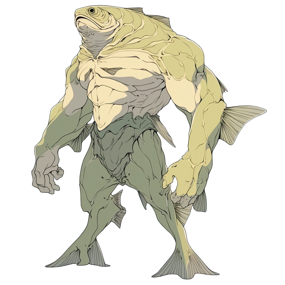 AI generated An illustration of a muscular green fish-human png