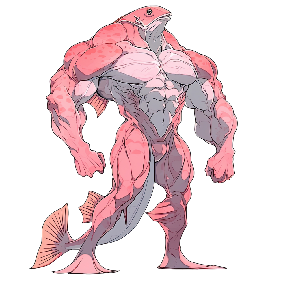 AI generated An illustration of a muscular red fish-human png