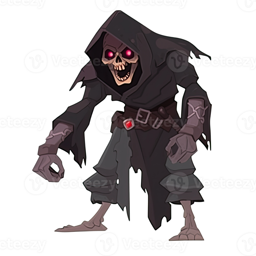 AI generated An illustration of a terrifying black-clad skeletal figure with glowing red eyes png