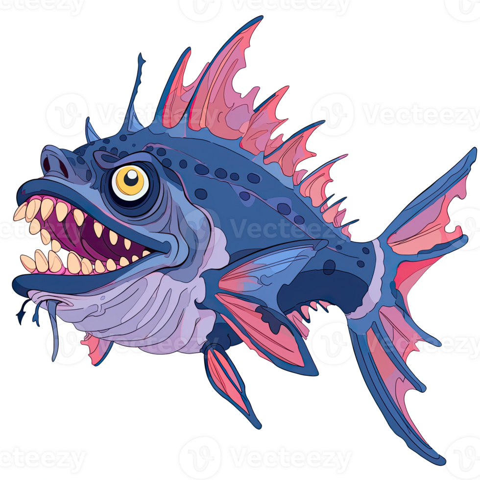 AI generated An illustration of a monster fish with its mouth gaping open, a blue and white body, and pink dorsal fins png