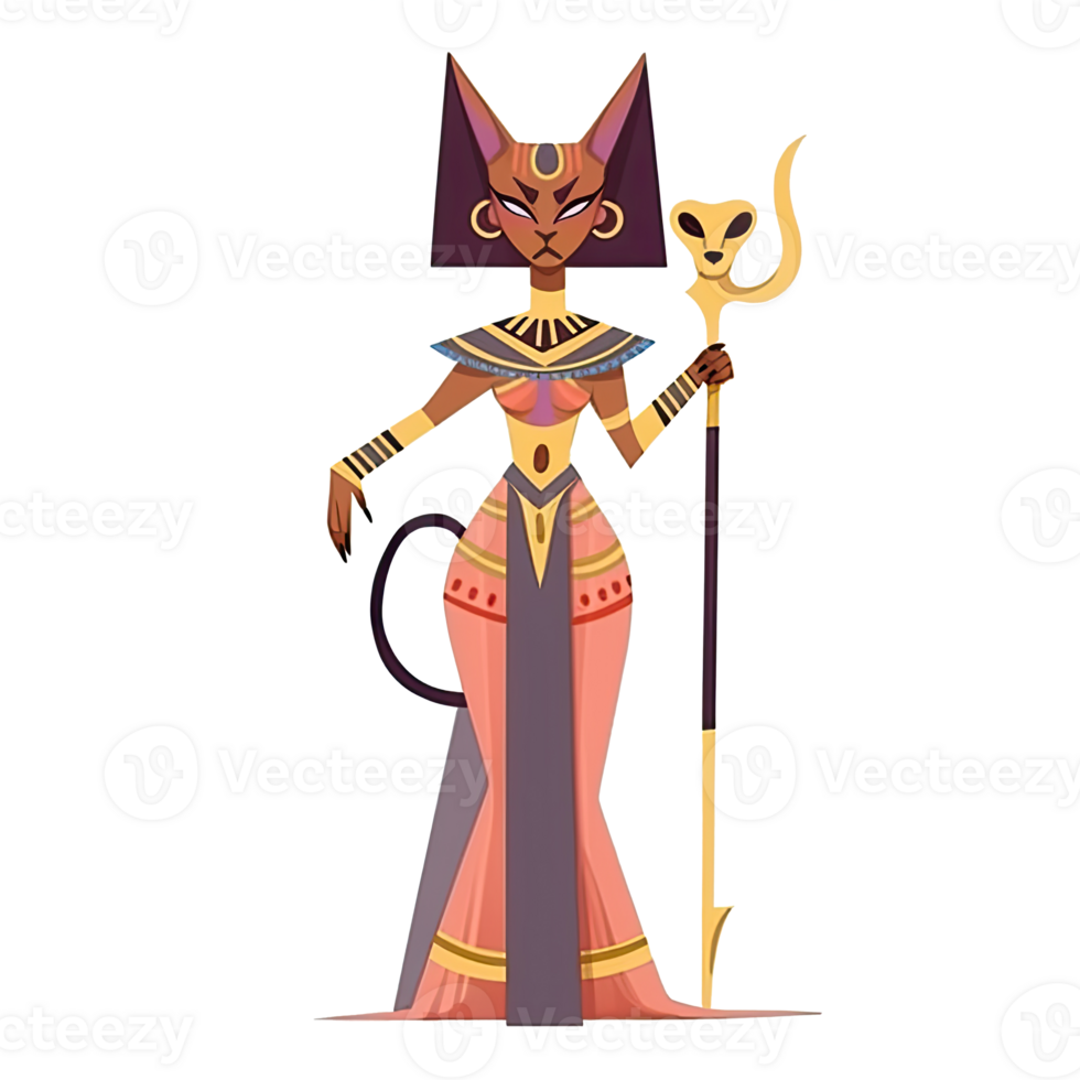 AI generated An illustration of Bastet with a red face, holding a staff png