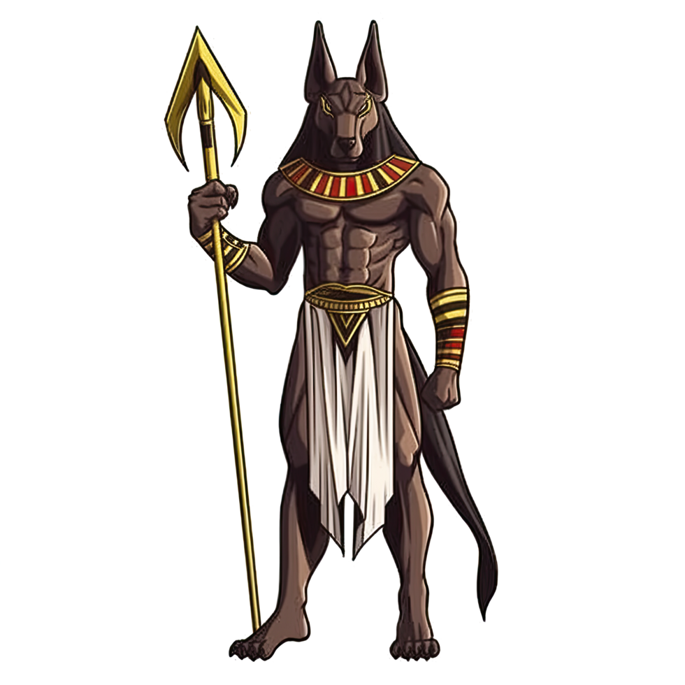 AI generated An illustration of Anubis holding a sharp golden weapon with a sharp gaze png