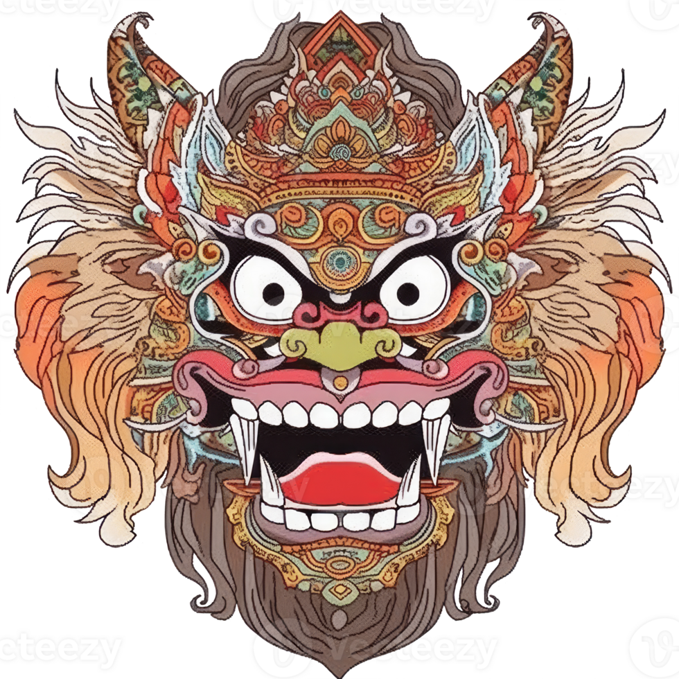 AI generated An illustration of a barong head with large eyes and white-orange fur png