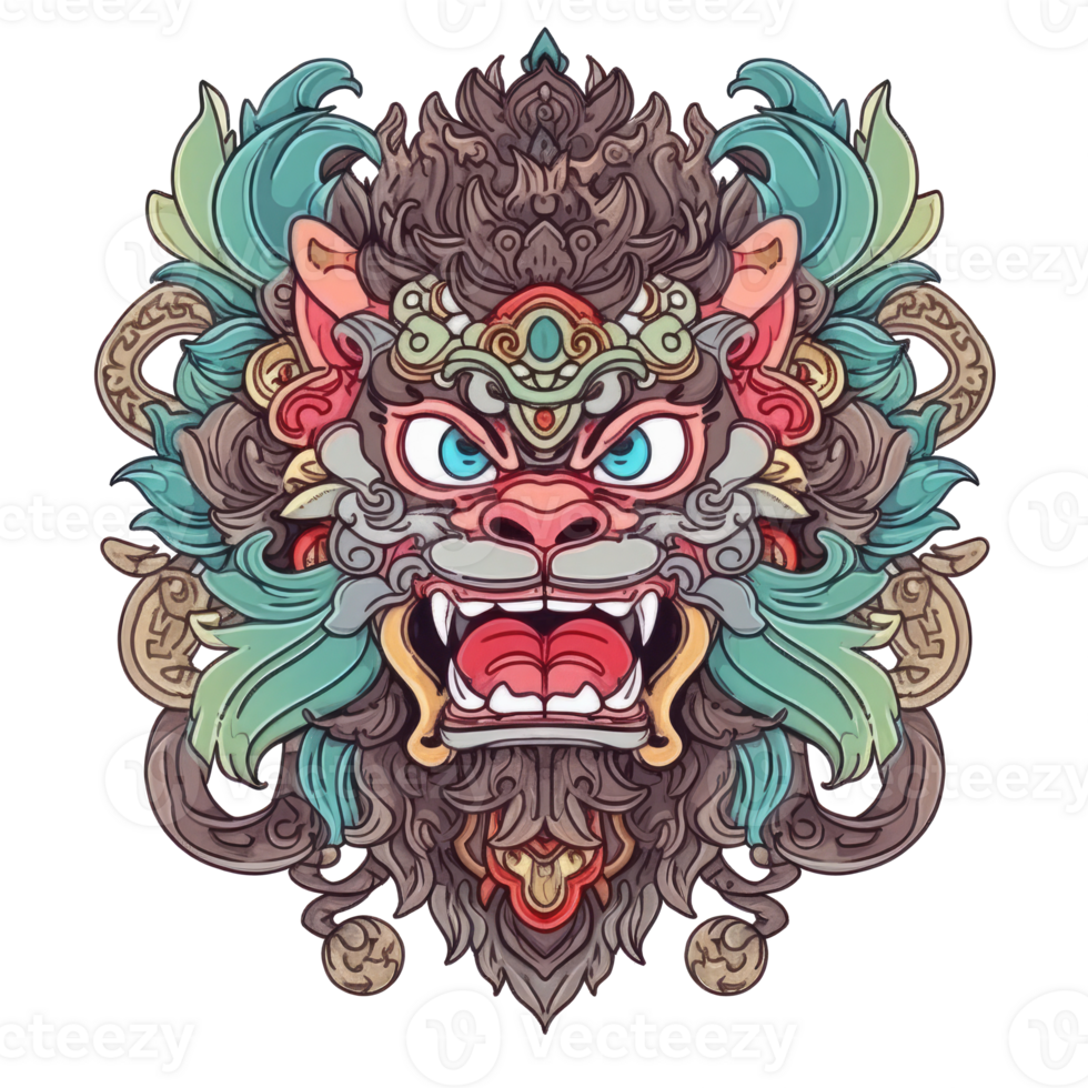 AI generated An illustration of a barong face with blue eyes and greenish-brown fur png