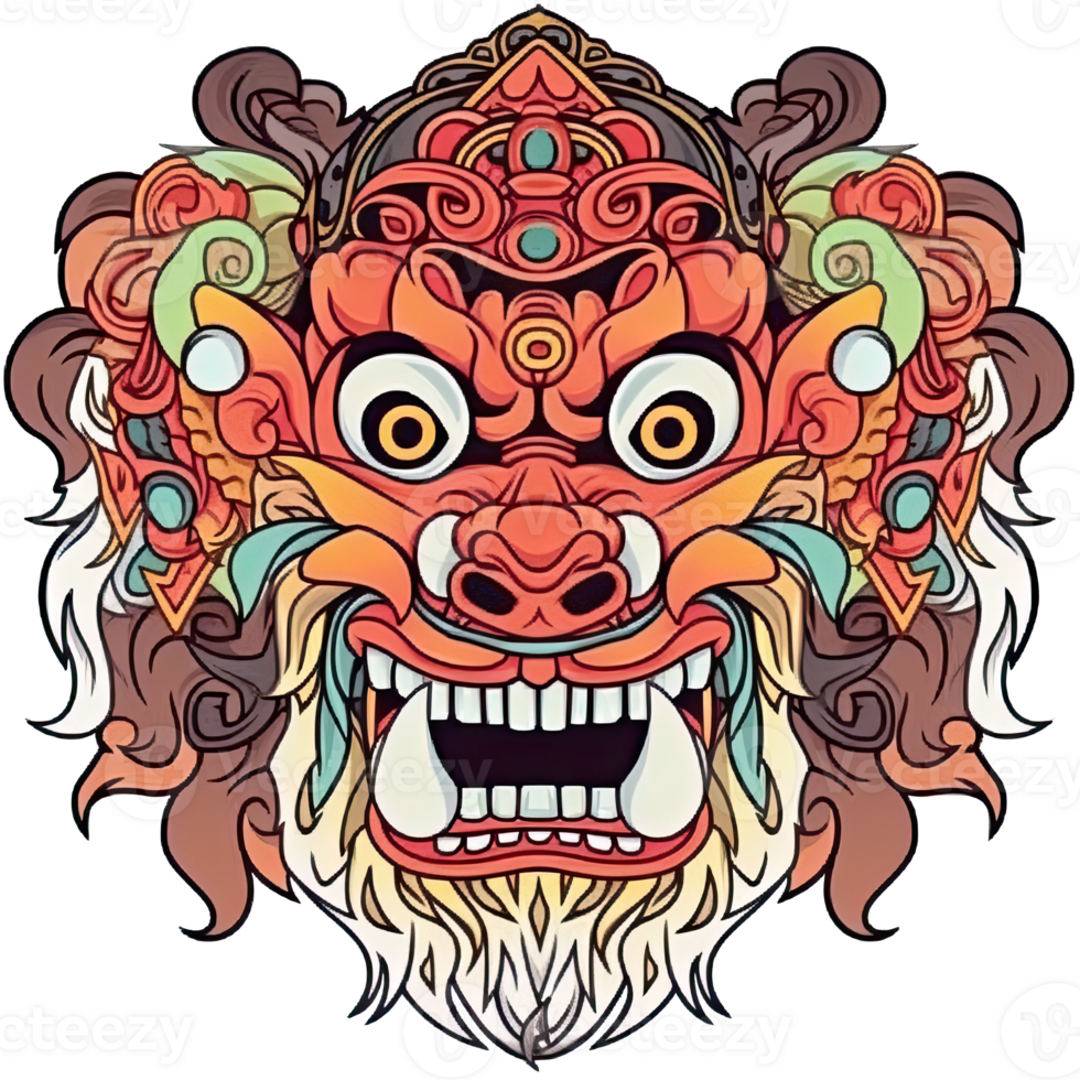 AI generated An illustration of a barong head with large eyes, strong facial expression png