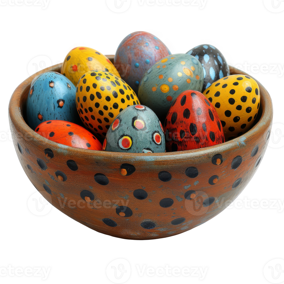 AI generated Enchanted easter, intricately painted eggs nestled in a carved wooden bowl. Generative AI png