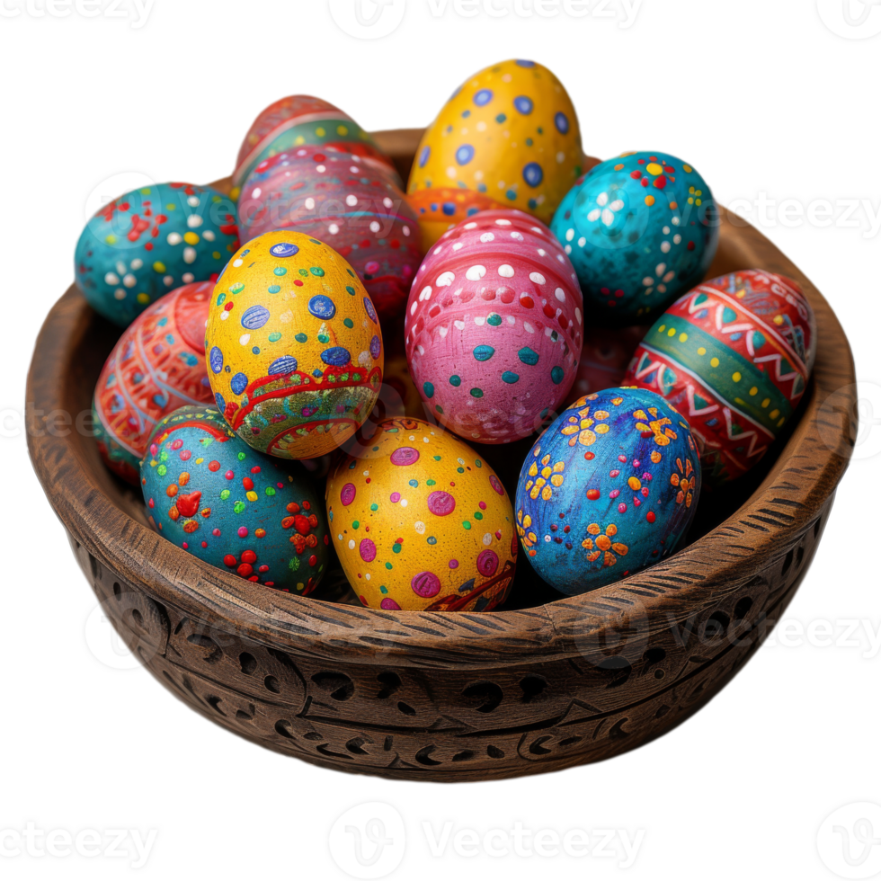 AI generated Enchanted easter, intricately painted eggs nestled in a carved wooden bowl. Generative AI png