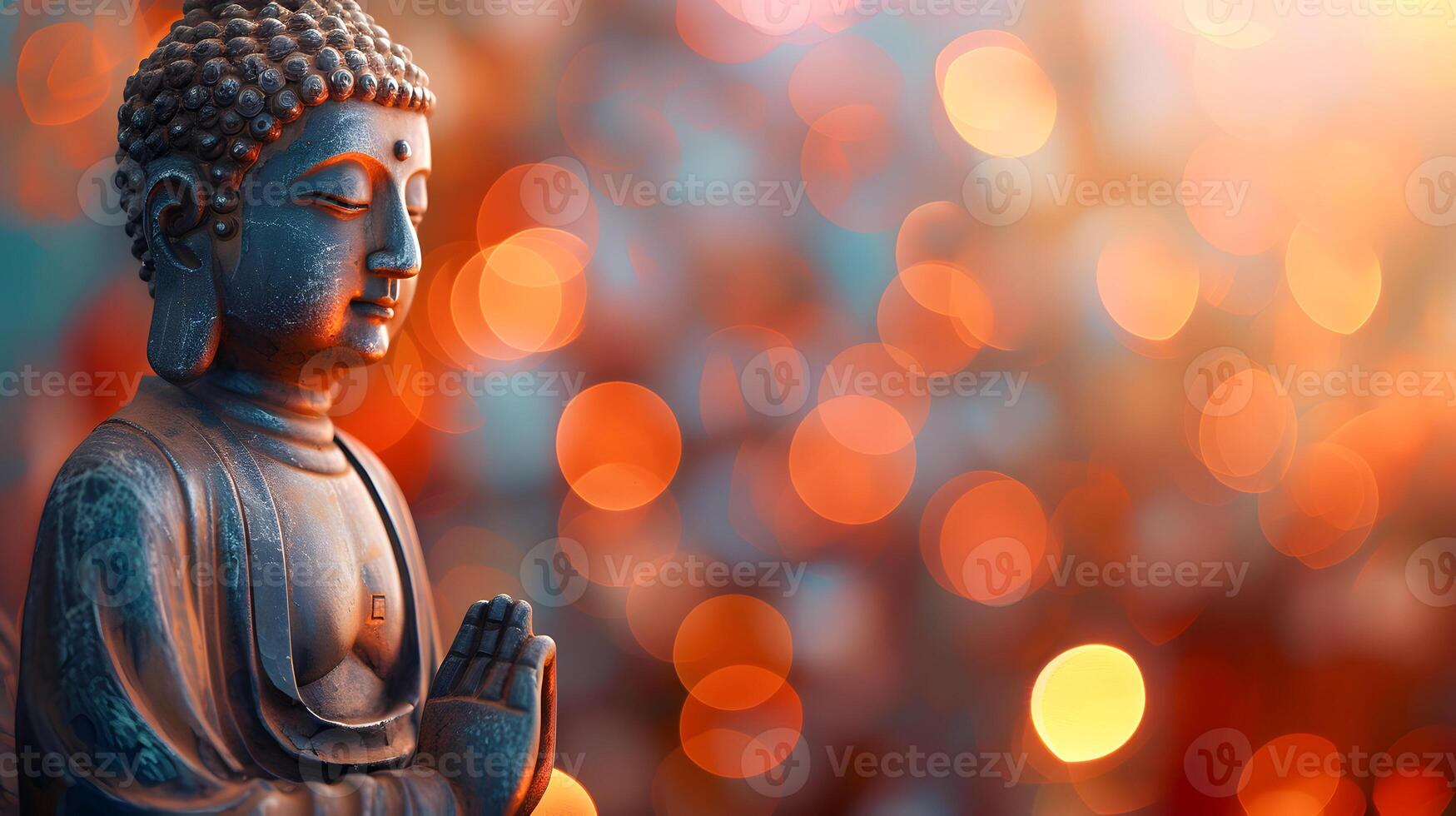 AI generated Meditating Zen Buddha statue with background of bokeh photo