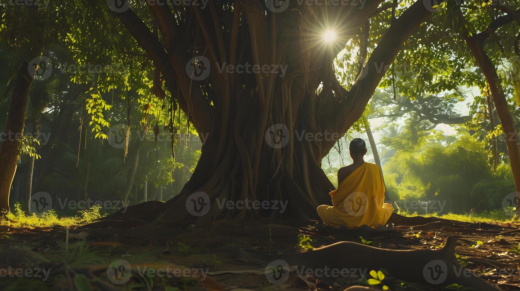 AI generated Buddhist monk in meditation beside a tree in the jungle photo