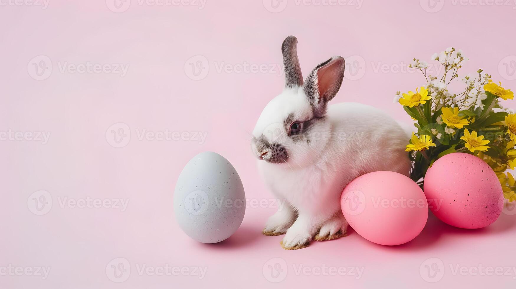 AI generated Cute rabbit, easter eggs and flowers. Concept and idea of happy easter day. photo