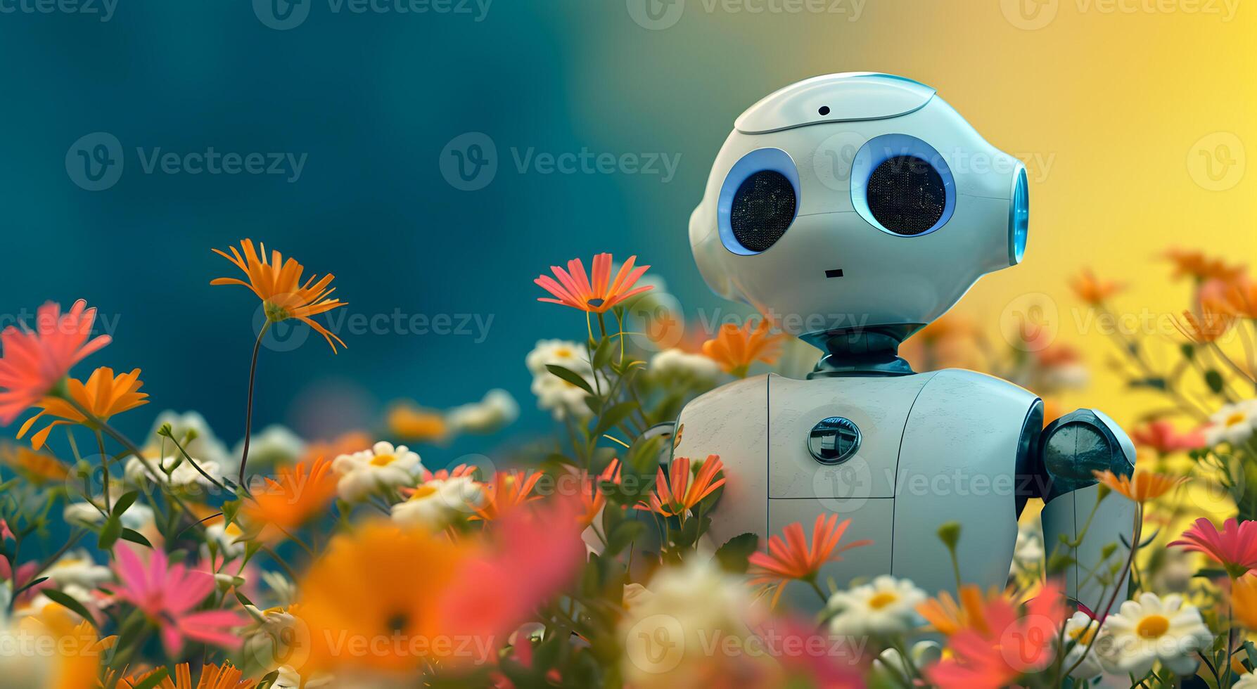 AI generated Cute robot and colorful flowers. Generative AI creation concept. photo