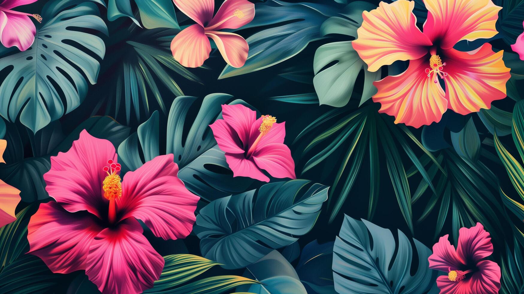 AI generated tropical flower pattern, colorful hibiscus hawaii pattern, exotic background photo