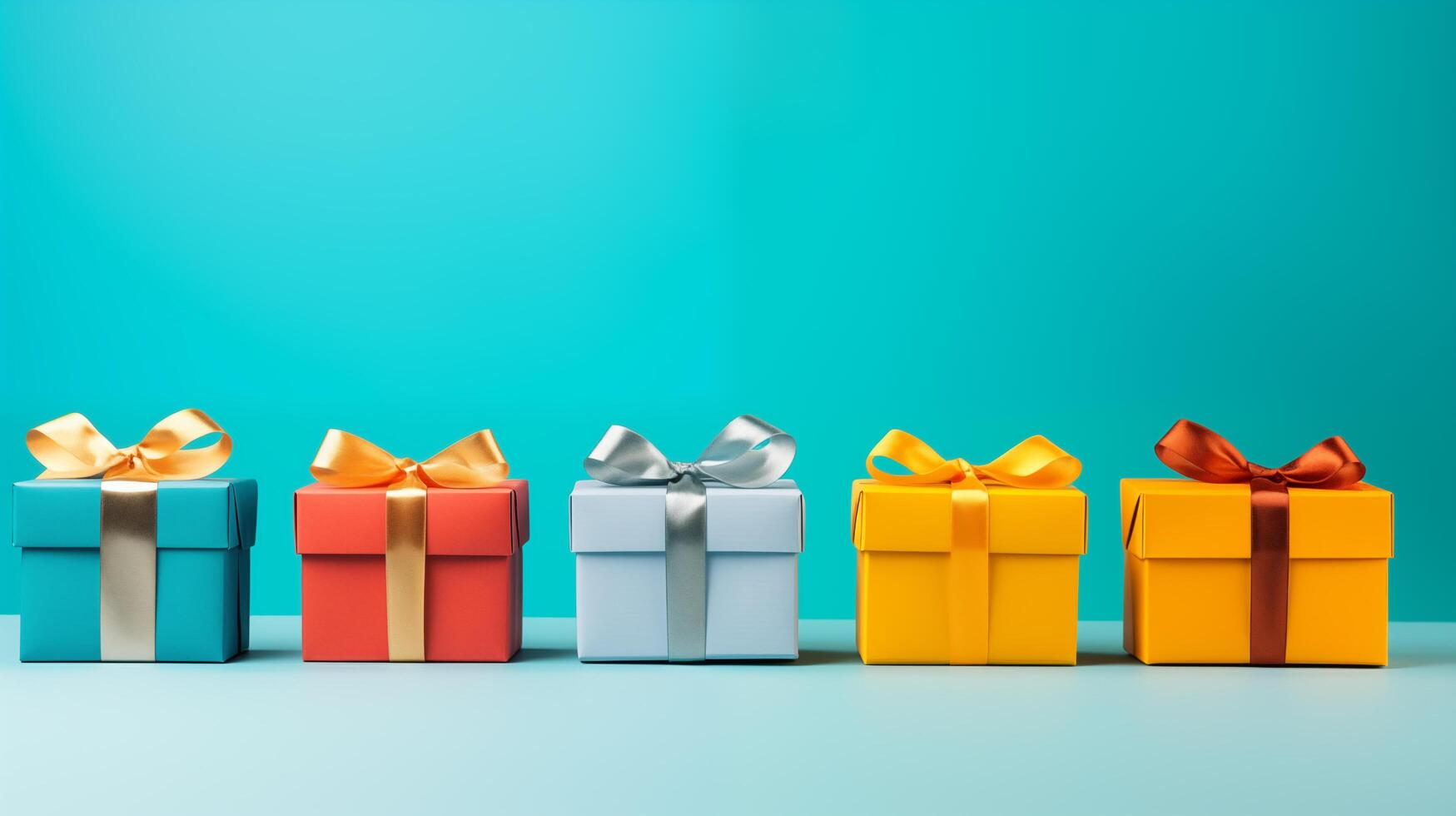 AI generated different color gift boxes against wall background photo