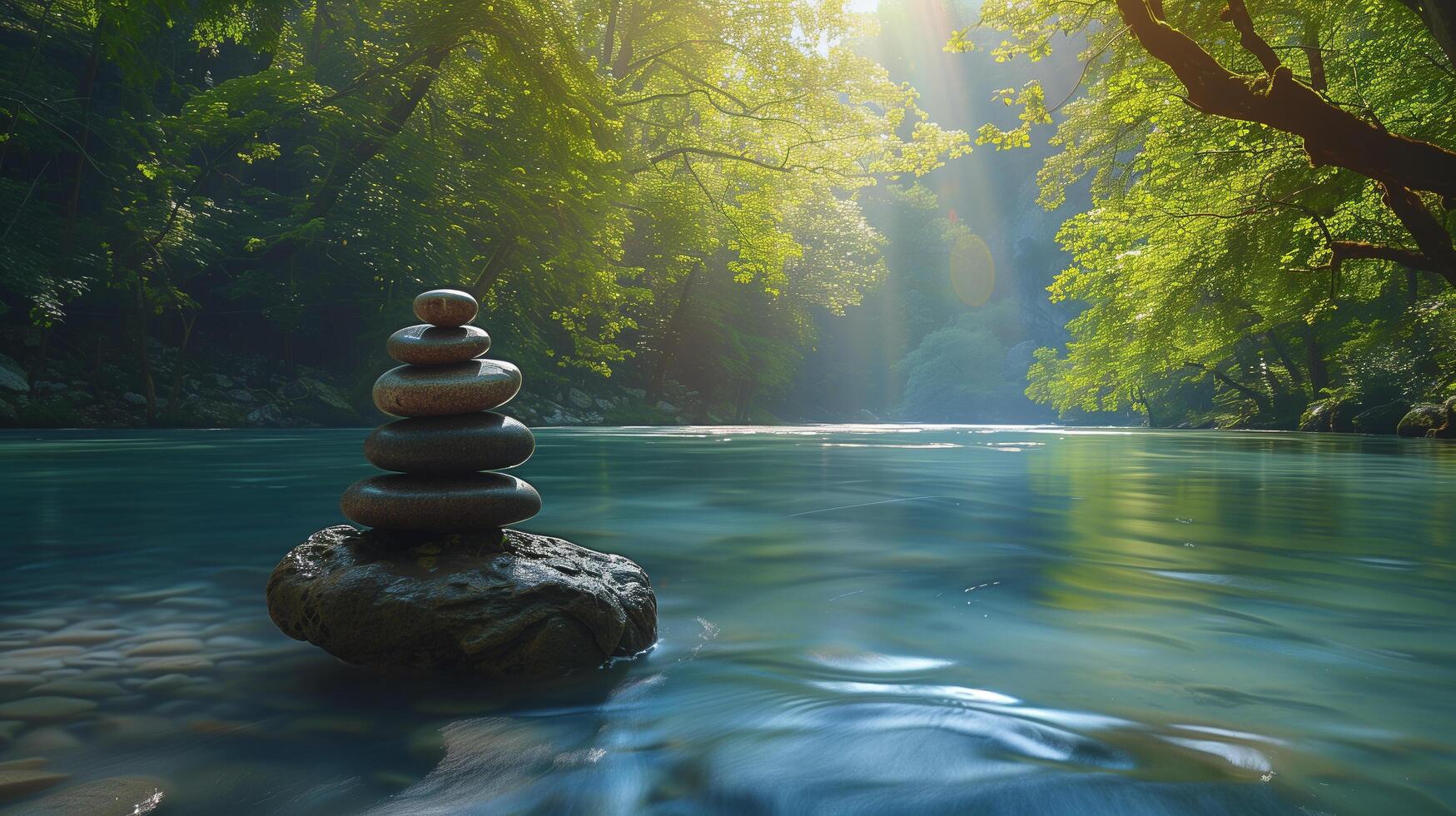 AI generated balanced stone art by a mountain river under sunlight photo