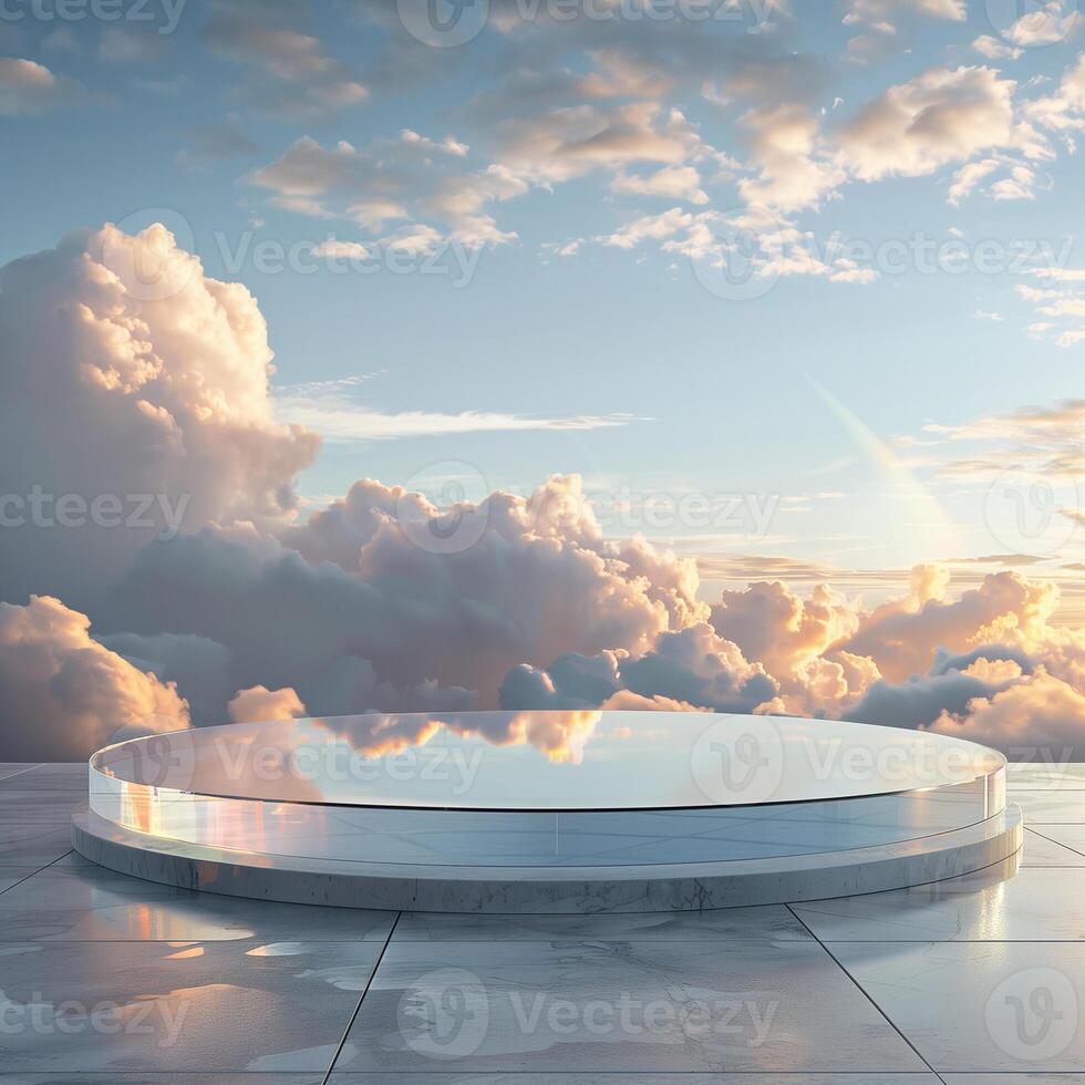 AI generated crystal glass podium for product display presentation with cloud sky background photo