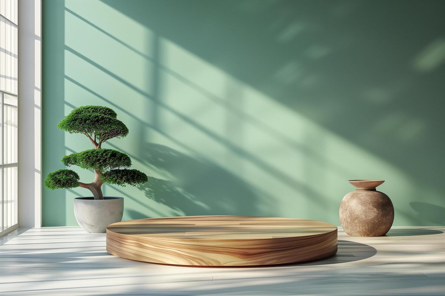 AI generated wooden podium for product display, pastel green wall background photo